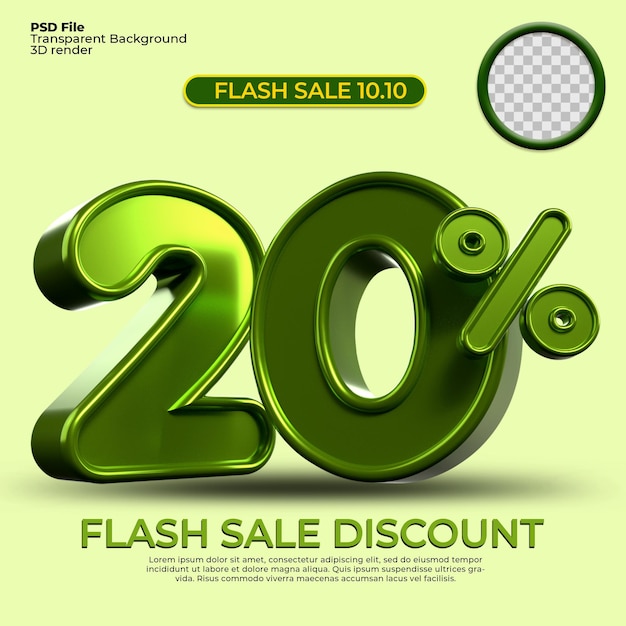 PSD 3d rendering sconto vendita 20 percentuale di numero colore verde