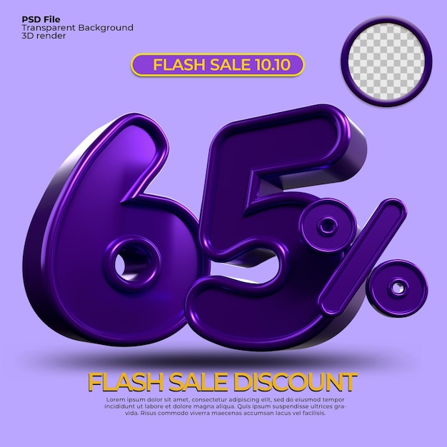 3d rendering sconto vendita 65 percentuale di numero colore viola