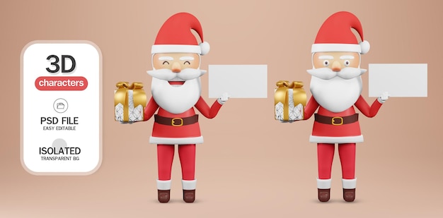 3 d レンダリング。サンタ クロース クリスマスの漫画のキャラクターは、与えるサインを覗きます。