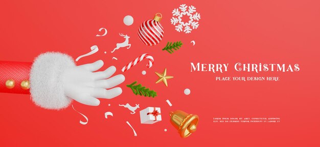 Rendering 3d della mano di babbo natale con decorazione buon natale concetto per il display del prodotto