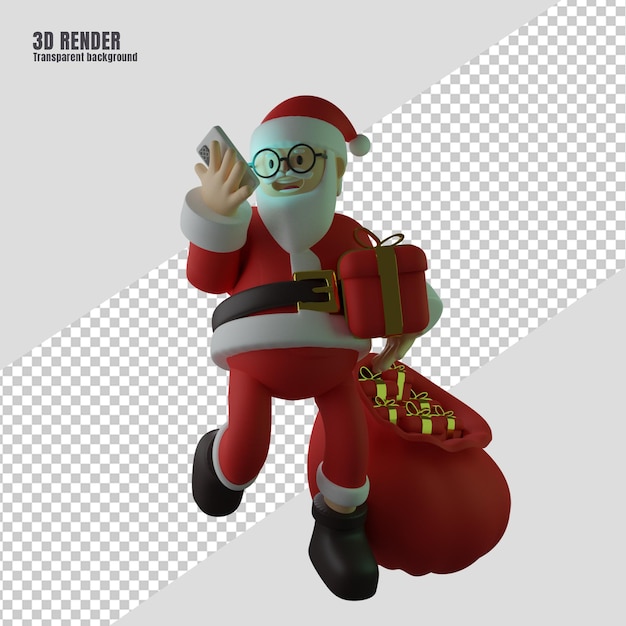 3d render santa claus hold phone with gift box in christmas
