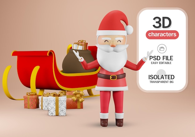 Rendering 3d. babbo natale e la slitta. e porta molti regali