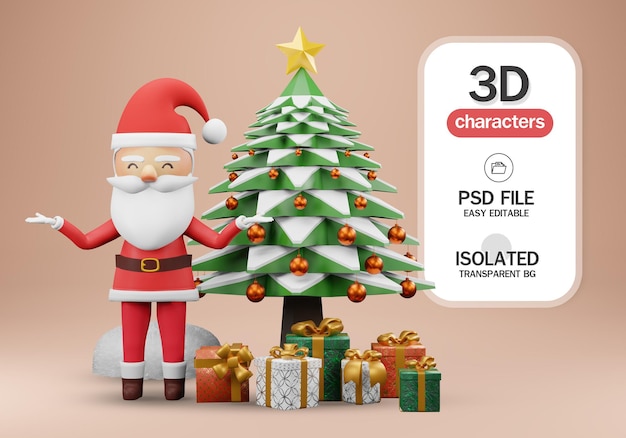 3d render .  Santa Claus with gift for Merry Christmas holiday celebration.