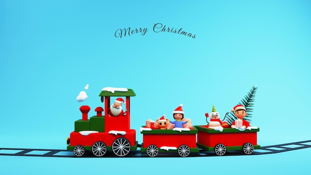 PSD 3d render santa claus with kids snowman reindeer riding on a train against gradient blue background for merry christmas concept