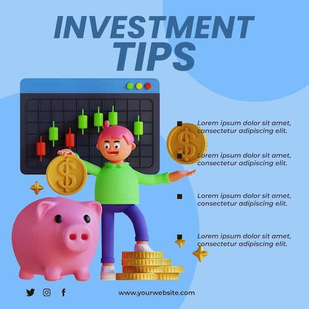 PSD 3d render saving investment tips post template