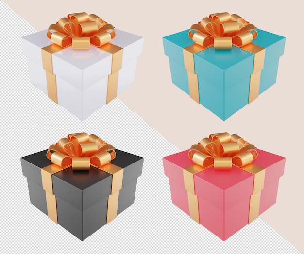 Rendering 3d set di scatole regalo con fiocchi d'oro