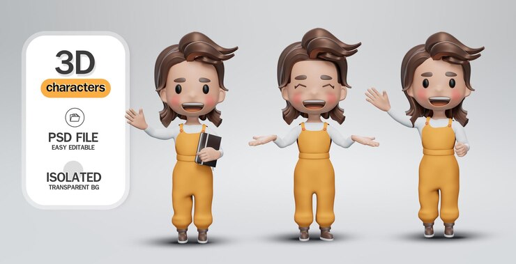 PSD 3d рендеринг набор девочек-персонажей в мультяшном стиле cartoon kid