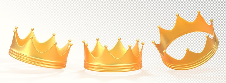 PSD 3d рендеринг набор золотых корон для короля или королевы символ власти монарха королевская золотая металлическая корона иконы средневековый коронационный головной убор коронация императора изолированный имперский знак 3d иллюстрация