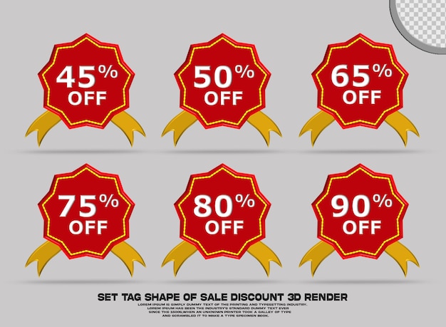 PSD 3d render set tag shape of sale discount icon red color variation