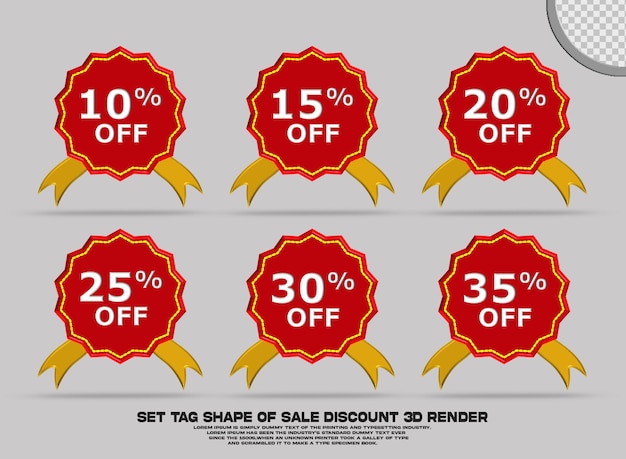 PSD 3d render set tag shape of sale discount icon red color variation