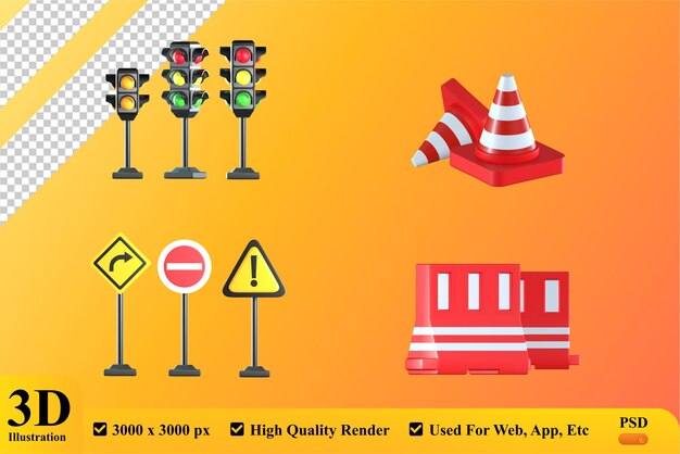 3d render set traffic icon illustration premium psd