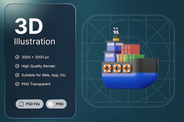 PSD 3d 렌더링 선박 화물 물류 개념 현대 아이콘 일러스트 디자인