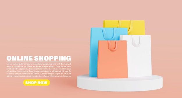 Rendering 3d della borsa della spesa sul podio con il concetto di shopping online
