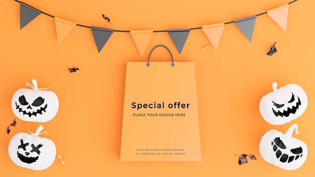 PSD 3d render of shopping bag with halloween shopping concept