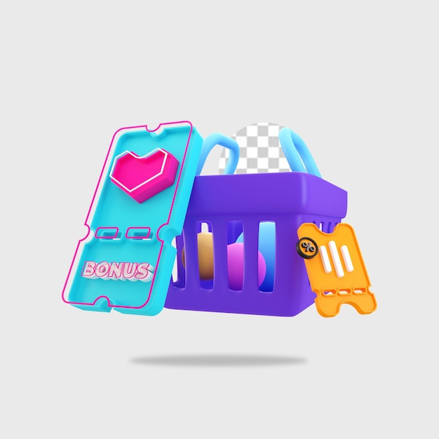 PSD 3d render shopping basket with coupon discount