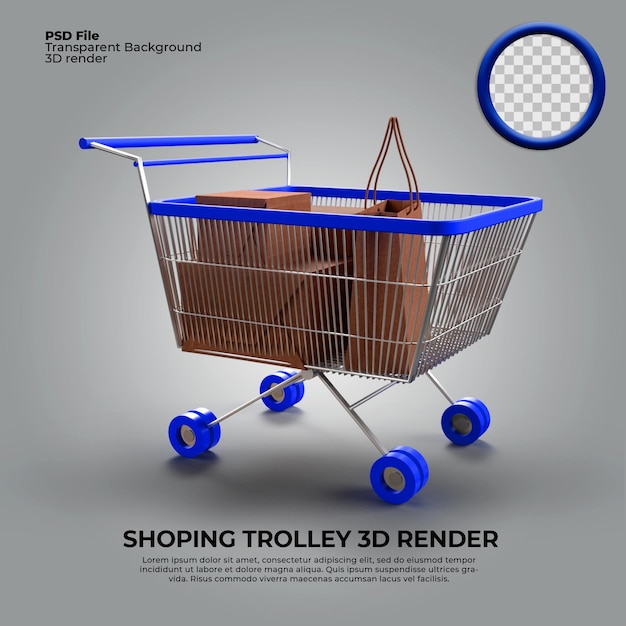 3d render shopping trolley blue color transparent png