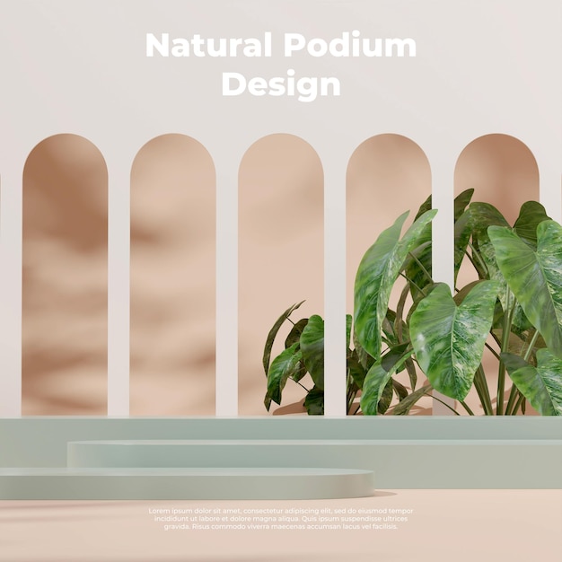 3d render sjabloon groene podiumtrap voor mockup in vierkant met bogen en alocasia-planten