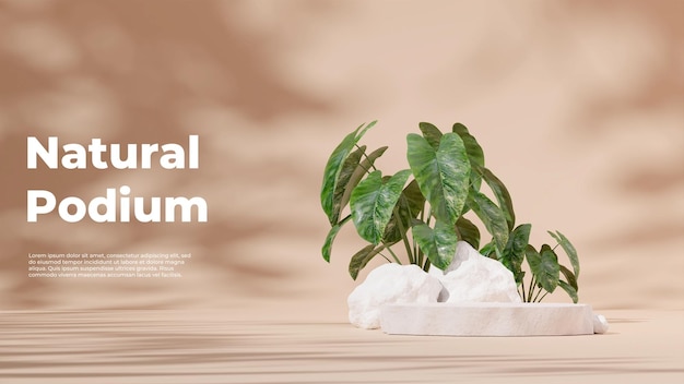 3D render sjabloon stenen podium in landschap met witte rots alocasia plant lichtbruine achtergrond
