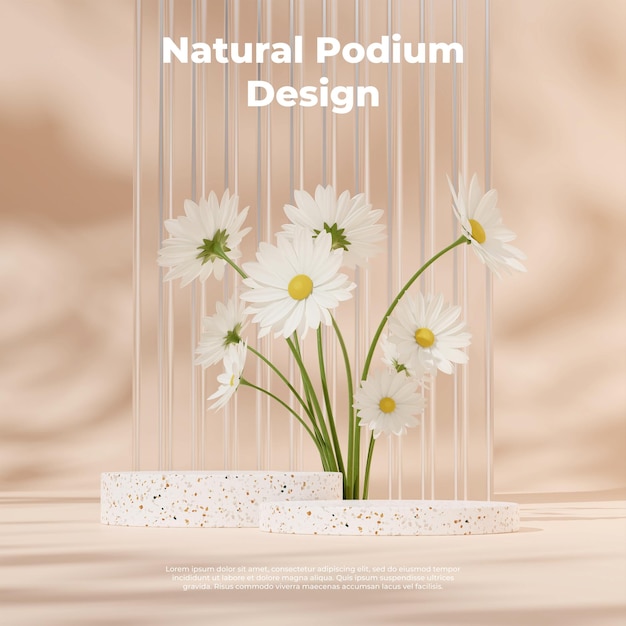 3D render sjabloon van terrazzo podium mockup in vierkant met madeliefjebloem en wazig glas