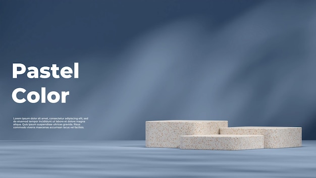 3d render sjabloonmodel van terrazzo-podium in landschap met blauwe achtergrond en zonschaduw