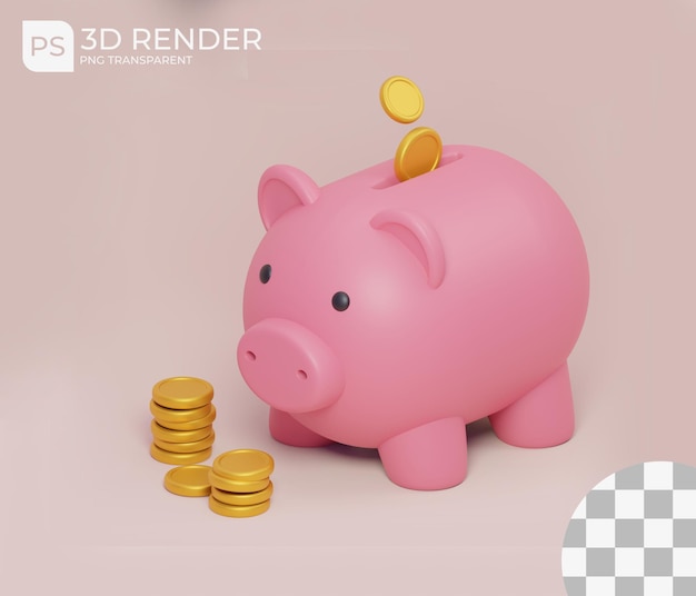 PSD 3d render skarbonki z realistycznymi złotymi monetami na białym tle