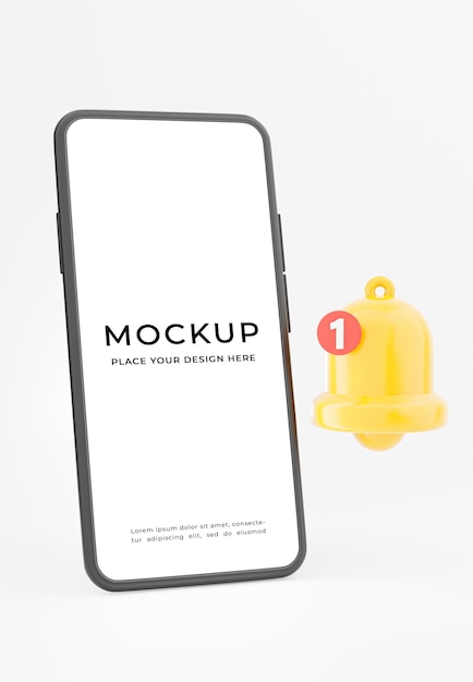 Rendering 3d di smartphone con design mockup icona notifica campana bell