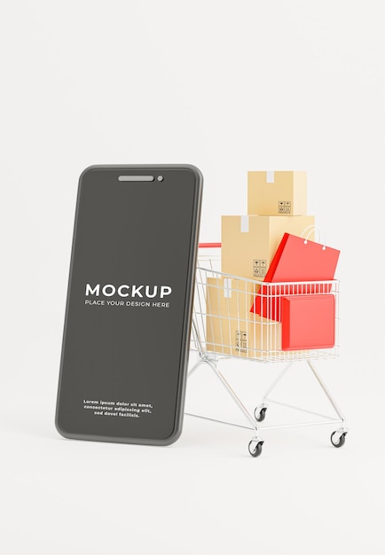 PSD 3d render of smartphone with cart shopping for your mockup