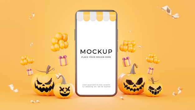 Rendering 3d di smartphone con il concetto di sconto di halloween per la visualizzazione del prodotto