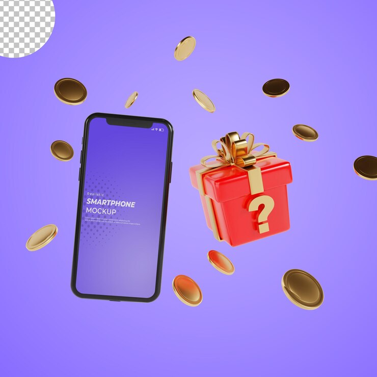 PSD ミステリー ボックスとフローティング コインとスマート フォンの 3 d レンダリング