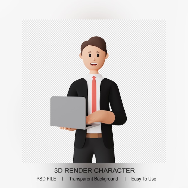 PSD 3d render smiling man character hold a laptop