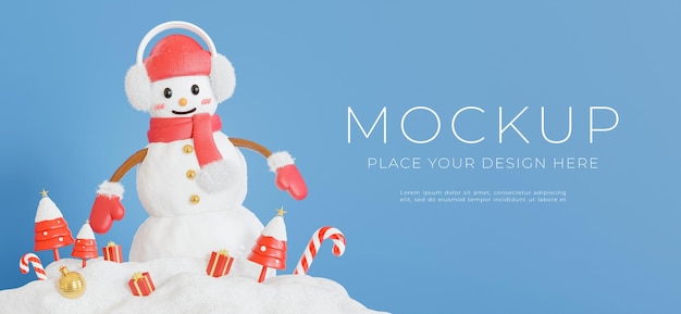 PSD 3d render of snow man with merry christmas concept for your product display