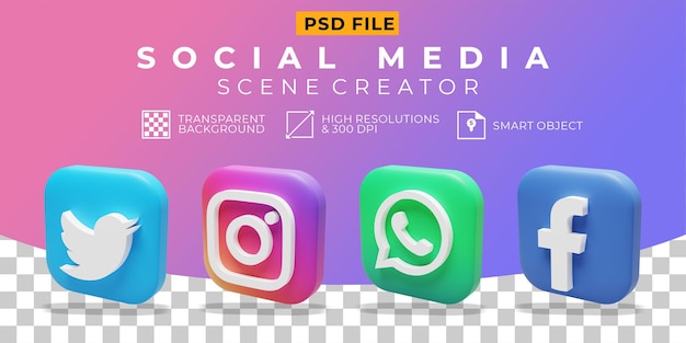 PSD Значок коллекции логотипов в социальных сетях 3d визуализации