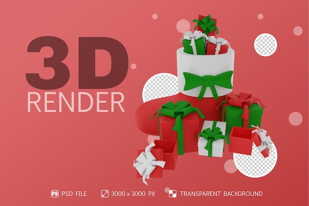 3d render calze e scatole regalo con sfondo isolato