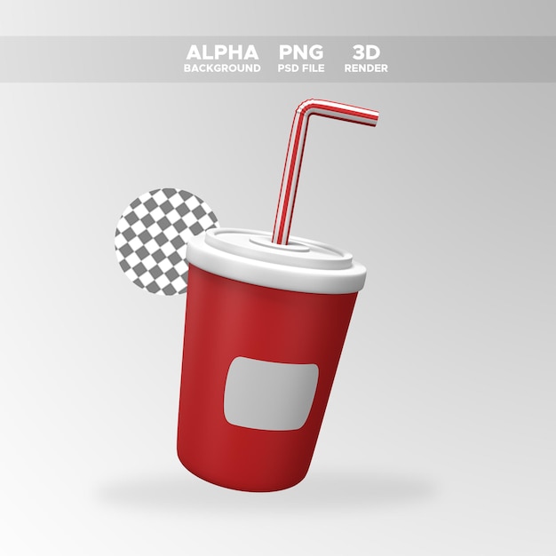 3d는 디자인 일러스트레이션을 위한 빨대 아이콘이 있는 청량 음료 컵을 렌더링합니다.