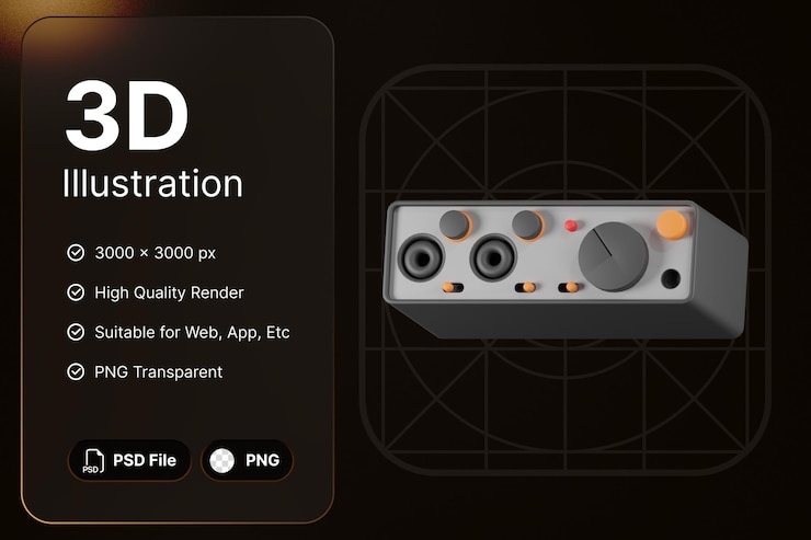 PSD 3d render sound mixer music studio concept modern icon illustrations design