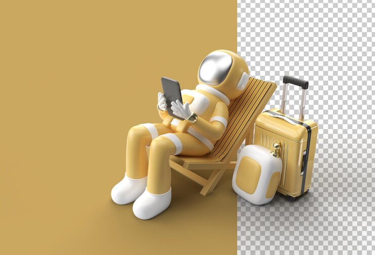  3d render spaceman astronaut sitting on chair using phone with travel suitcase