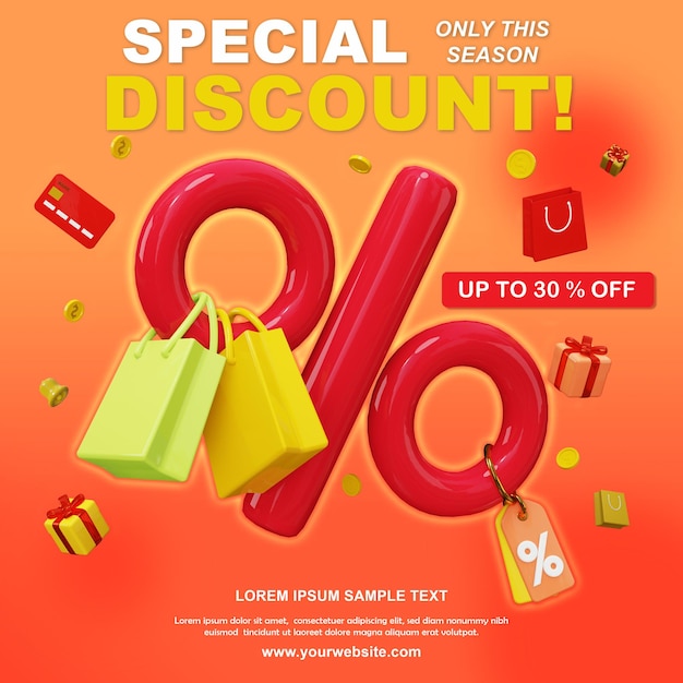 3d render special discount in shopping day, psd premium