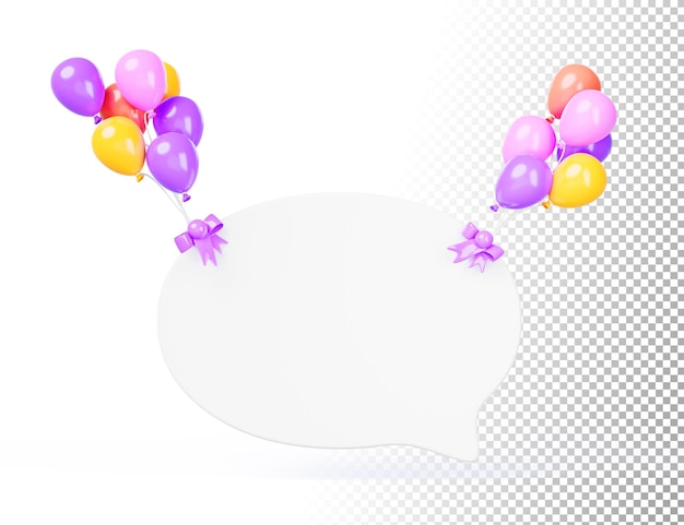 PSD 3d render speech bubble on helium balloons bundles festive message icon blank white oval social greeting invitation banner frame for holiday text birthday wedding or party event