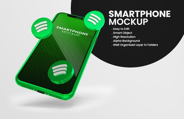 3d render icona spotify sul mockup di smartphone verde