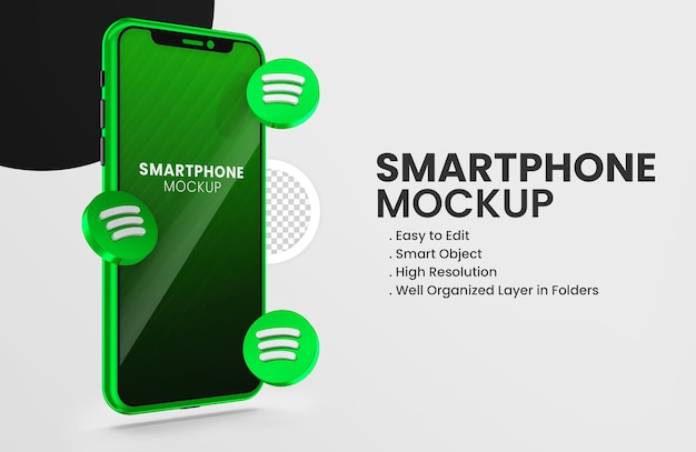 緑のスマートフォンのモックアップに3dレンダリングspotifyアイコン