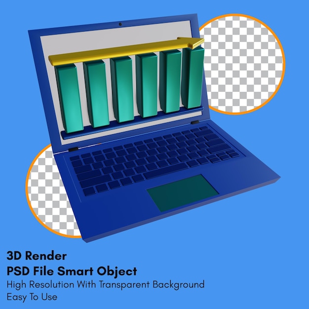 3d render stagnant graph on laptop icon with transparent background