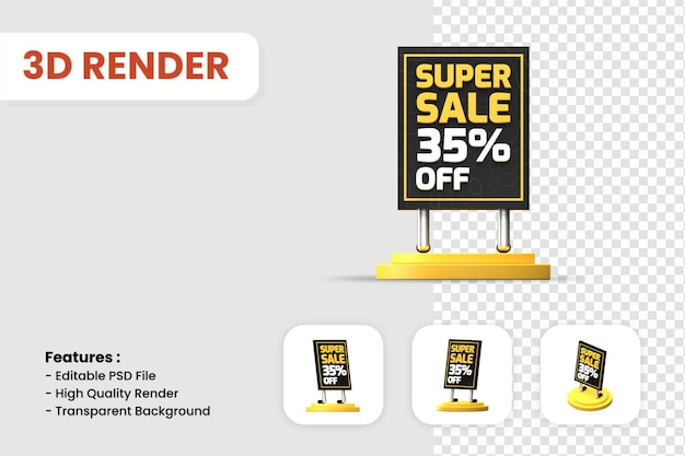 PSD 3d render stand board promotion with super sale 35 percent discount on podium isolated.