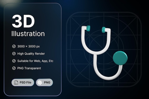 PSD 3d 렌더링 청진기 메딕 개념 현대 아이콘 일러스트 디자인