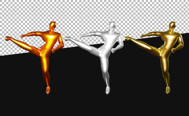 3d render stickman karate pose, voer een schoppositie uit in het midden van het lichaam