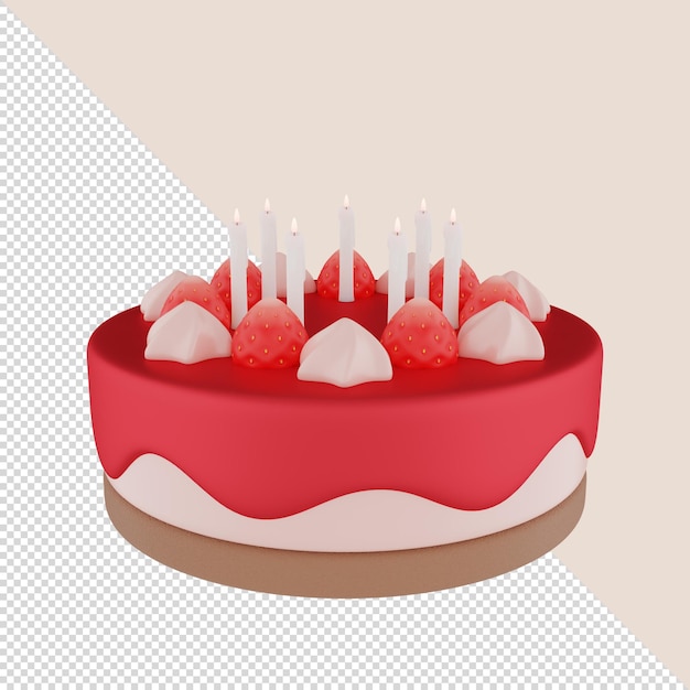 3d render strawberry birthday cake with red frosting and candles