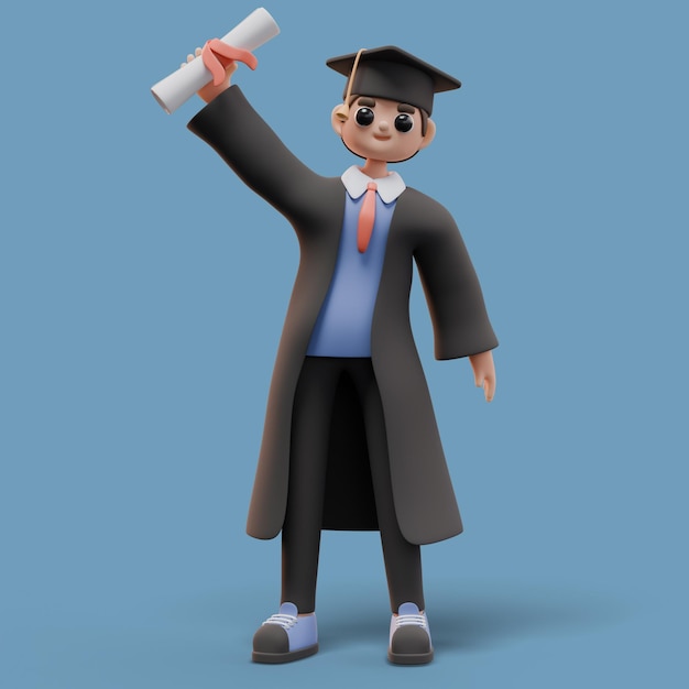 PSD 3d render of student boy holding a diploma certificate in hand graduation concept