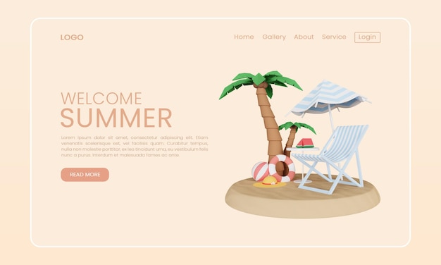 3d render summer landing page design template