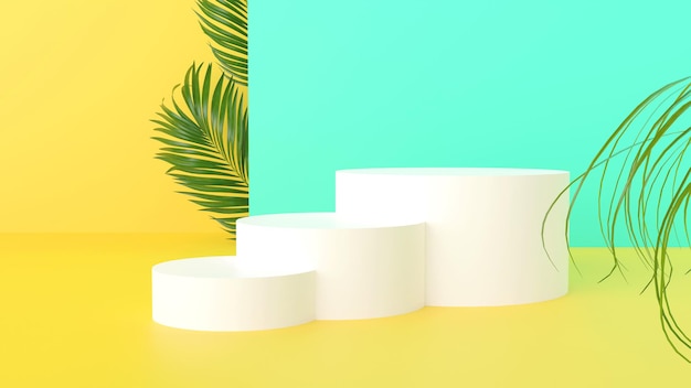 PSD 3d render of summer podium with palm leaf