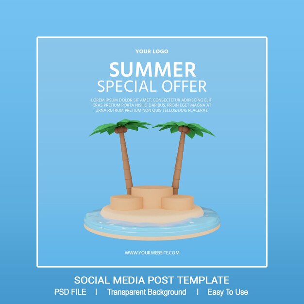 3d render of summer sale social media post template