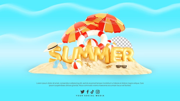 3d render of summer text alphabet element on beach